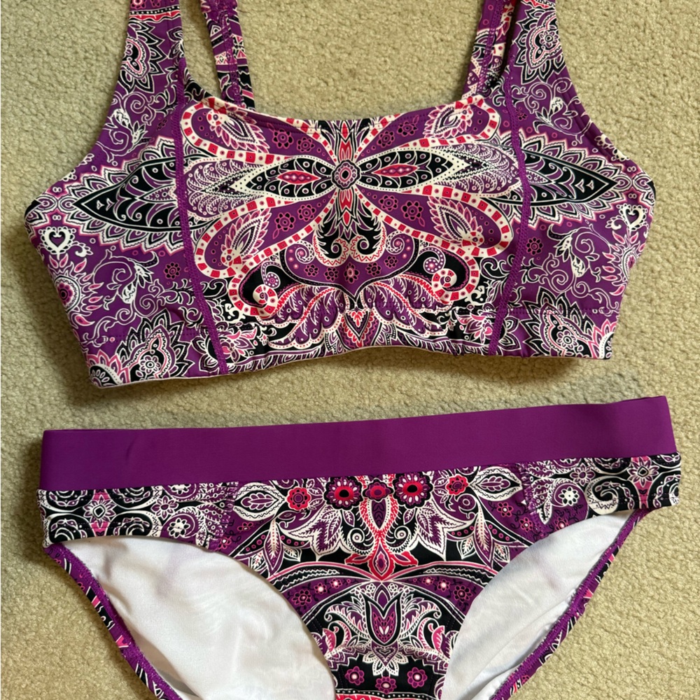 Athleta Women's Purple Paisley Underwire Bathing Suit Two Piece Swim Set Sz M - Picture 2 of 7